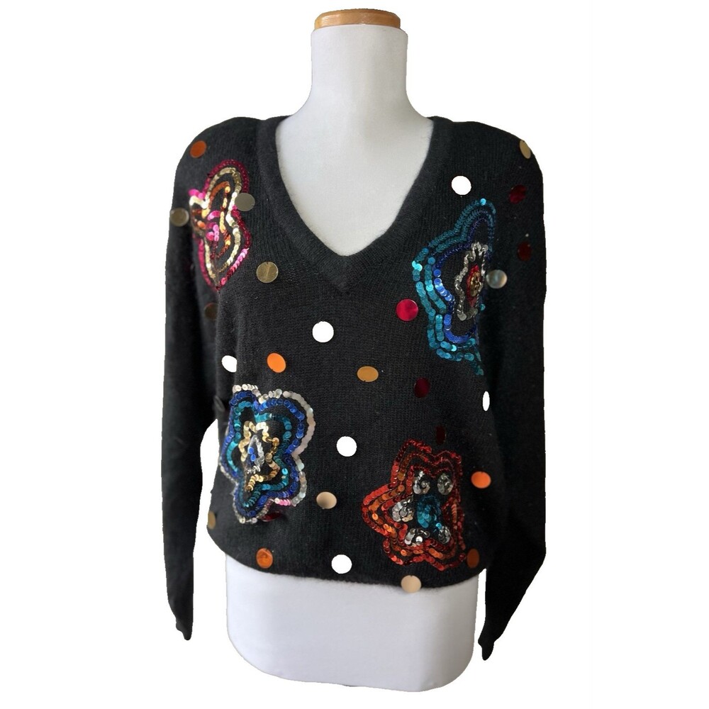 my Knit Pullover Sweater V-Neck Floral Sequin Beaded Black Multicolor Large